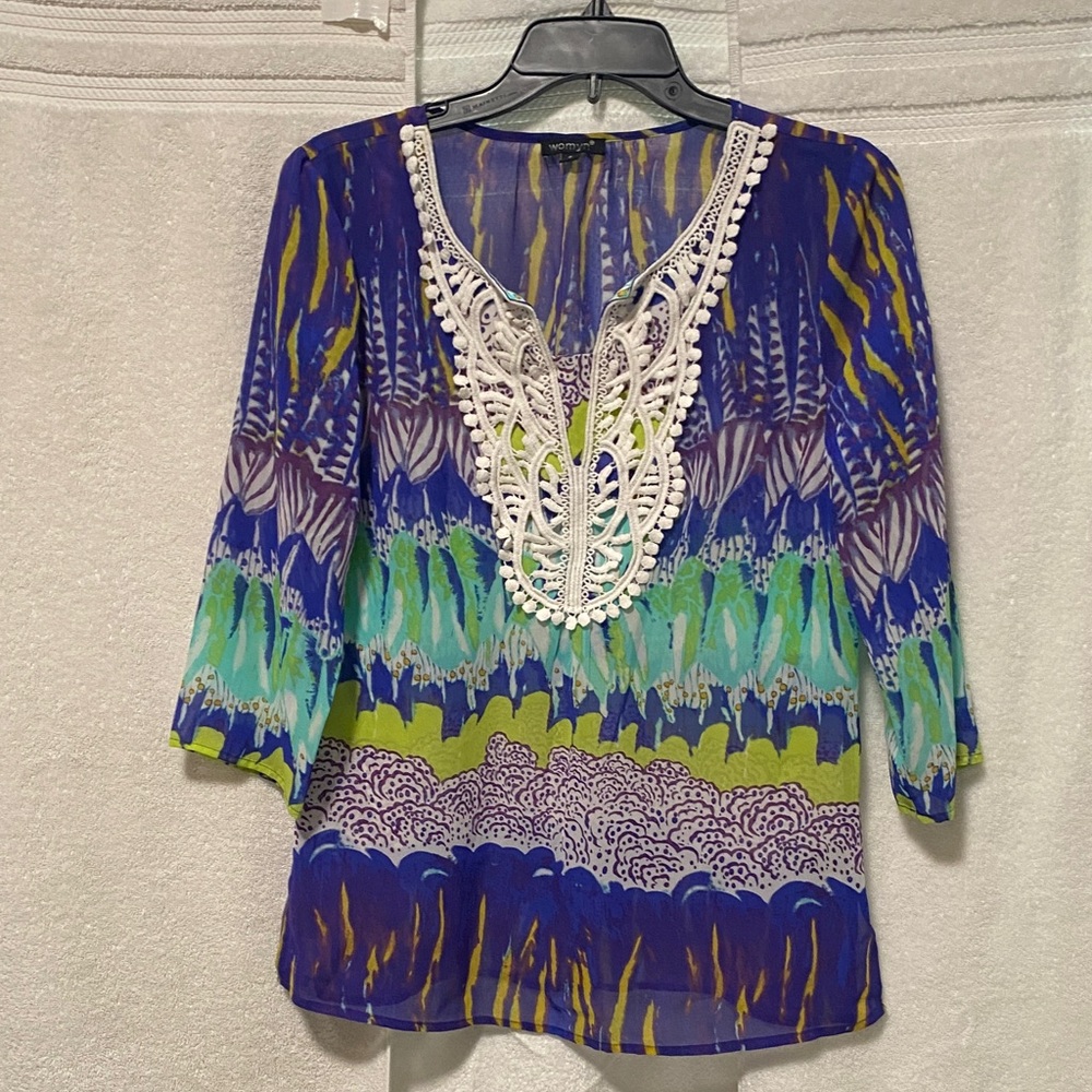 Womyn Blue and Green Boho Blouse A9